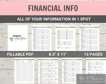 May include: A printable financial information tracker with 15 pages, a green and white color scheme, and the text "FINANCIAL informataion" and "FILLABLE PDF".