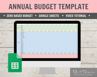 May include: A computer monitor displays an annual budget template. The screen shows a spreadsheet with rows for income and expenses, with the text "ANNUAL BUDGET TEMPLATE" at the top. The template includes the text "ZERO BASED BUDGET", "GOOGLE SHEETS", and "VIDEO TUTORIAL".