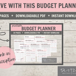 May include: A printable budget planner with 30 pages, downloadable PDF, and instant download. The planner includes sections for monthly spending, yearly spending, debt payoff, debt snowball, debt avalanche, net worth, monthly budget, and bi-weekly budget.