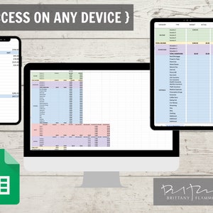 May include: A digital budget template displayed on a smartphone, tablet, and computer screen. The screens show a spreadsheet with financial categories and figures. The text "ACCESS ON ANY DEVICE" is at the top.
