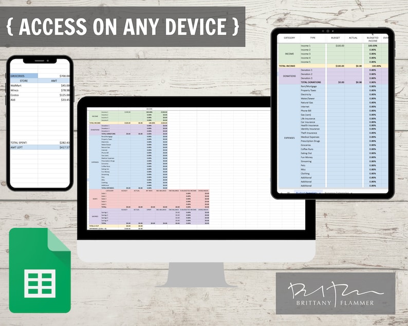 May include: A digital budget template displayed on a smartphone, tablet, and computer screen. The screens show a spreadsheet with financial categories and figures. The text "ACCESS ON ANY DEVICE" is at the top.