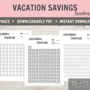 May include: A printable vacation savings tracker with three pages. The tracker features three different designs: flip flops, suitcases, and mountains. Each page has a space to write a savings goal.