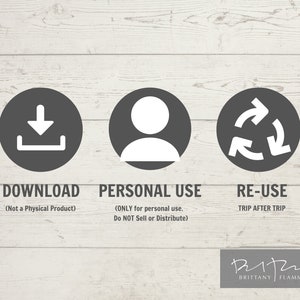 Pu&ograve; includere: Una grafica con tre icone che rappresentano il download, l'uso personale e il riutilizzo. L'icona di download &egrave; una freccia bianca che punta verso il basso all'interno di un cerchio grigio. L'icona di uso personale &egrave; una silhouette di persona bianca all'interno di un cerchio grigio. L'icona di riutilizzo &egrave; una freccia bianca che punta verso destra all'interno di un cerchio grigio. Il testo sotto le icone dice "Download (Non &egrave; un prodotto fisico)", "Uso personale (SOLO per uso personale. Non vendere o distribuire)" e "Riutilizzo (Viaggio dopo viaggio)". Il testo "Brittany Flammer" si trova nella parte inferiore della grafica.