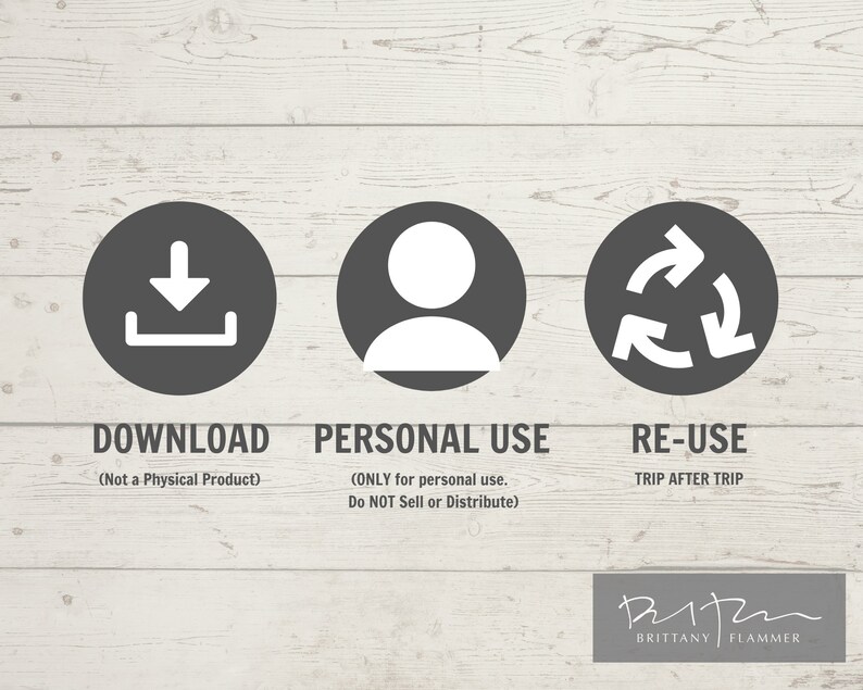Pu&ograve; includere: Una grafica con tre icone che rappresentano il download, l'uso personale e il riutilizzo. L'icona di download &egrave; una freccia bianca che punta verso il basso all'interno di un cerchio grigio. L'icona di uso personale &egrave; una silhouette di persona bianca all'interno di un cerchio grigio. L'icona di riutilizzo &egrave; una freccia bianca che punta verso destra all'interno di un cerchio grigio. Il testo sotto le icone dice "Download (Non &egrave; un prodotto fisico)", "Uso personale (SOLO per uso personale. Non vendere o distribuire)" e "Riutilizzo (Viaggio dopo viaggio)". Il testo "Brittany Flammer" si trova nella parte inferiore della grafica.