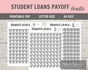 May include: Printable student loan payoff charts in letter and A4 sizes. The charts feature a graduation cap and dollar sign icon to track progress. The charts are black and white.