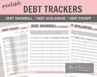 May include: Printable debt tracker worksheets for the debt snowball, debt avalanche, and debt payoff methods. The worksheets are pink and grey with black text. The worksheets include columns for date, minimum payment, actual payment, and new balance.