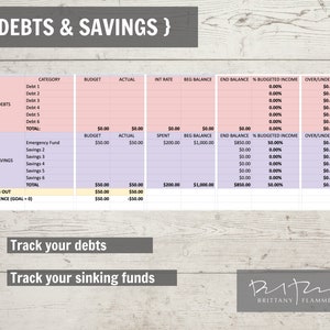 May include: A financial planning spreadsheet with the title "DEBTS & SAVINGS" at the top. The spreadsheet includes categories for debts and savings, with columns for budget, actual, and balance. Text at the bottom reads "Track your debts" and "Track your sinking funds."
