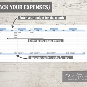 May include: A digital spreadsheet with the text "Track Your Expenses" at the top. The spreadsheet is divided into columns for groceries, gas, and other expenses. Instructions include "Enter your budget for the month" and "Enter as you spend money."