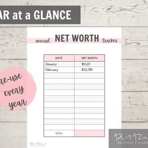 May include: A printable worksheet for tracking net worth over a year. The worksheet has a column for date and a column for net worth. The worksheet also has a section for a goal. The worksheet is titled "annual NET WORTH tracker".