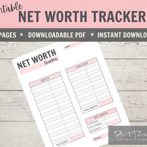 May include: A printable net worth tracker with two pages. The tracker has sections for assets, liabilities, and net worth. It includes a space for a date, total assets, total liabilities, net worth, and a goal.