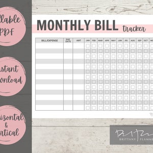 Monthly Bill Tracker, Fillable PDF Printable Bill Tracker