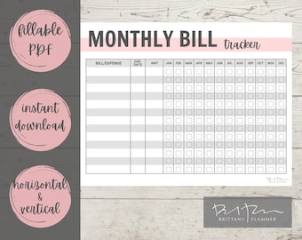 May include: Printable monthly bill tracker with a pink header and gray boxes for entering bill names, due dates, amounts, and monthly payments. The tracker includes a column for each month of the year.