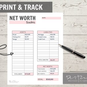 May include: A printable net worth tracker worksheet with pink and gray accents. The worksheet includes sections for assets, liabilities, and net worth. The total assets are $272,608, the total liabilities are $161,397, and the net worth is $111,211. The goal is $500,000.