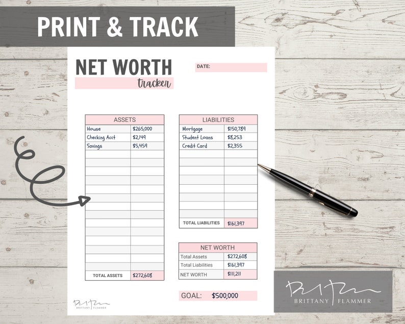 May include: A printable net worth tracker worksheet with pink and gray accents. The worksheet includes sections for assets, liabilities, and net worth. The total assets are $272,608, the total liabilities are $161,397, and the net worth is $111,211. The goal is $500,000.