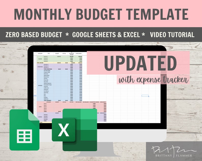 May include: A computer monitor displays a monthly budget template with the text "MONTHLY BUDGET TEMPLATE" and "ZERO BASED BUDGET * GOOGLE SHEETS & EXCEL * VIDEO TUTORIAL". The screen shows a spreadsheet with various categories. The word "UPDATED" is also visible.