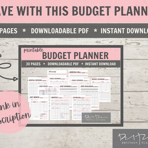 May include: A printable budget planner with 30 pages, downloadable PDF, and instant download. The planner includes sections for monthly spending, yearly spending, debt payoff, debt snowball, debt avalanche, weekly spending, net worth, monthly budget, and bi-weekly budget.