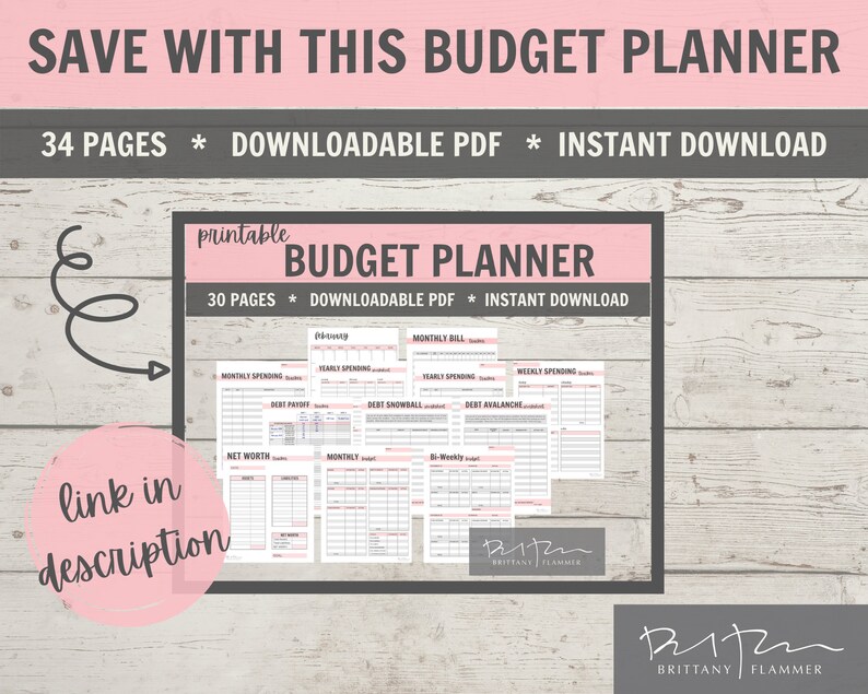 May include: A printable budget planner with 30 pages, downloadable PDF, and instant download. The planner includes sections for monthly spending, yearly spending, debt payoff, debt snowball, debt avalanche, weekly spending, net worth, monthly budget, and bi-weekly budget.