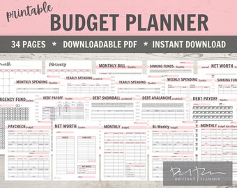 May include: A printable budget planner with 34 pages, downloadable as a PDF. The planner includes worksheets for monthly spending, yearly spending, debt payoff, debt snowball, debt avalanche, sinking funds, weekly spending, net worth, and monthly budget.