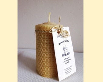 Beeswax Pillar Candle 100% Pure Hand Rolled by Down the Lane Farm Natural Air Purifier Honey Scent with Candle Care Card