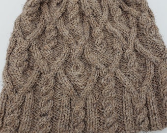 Cabled winter hat, hand knit, wool yarn, tan, brown, beanie, toboggan, cap, natural colors