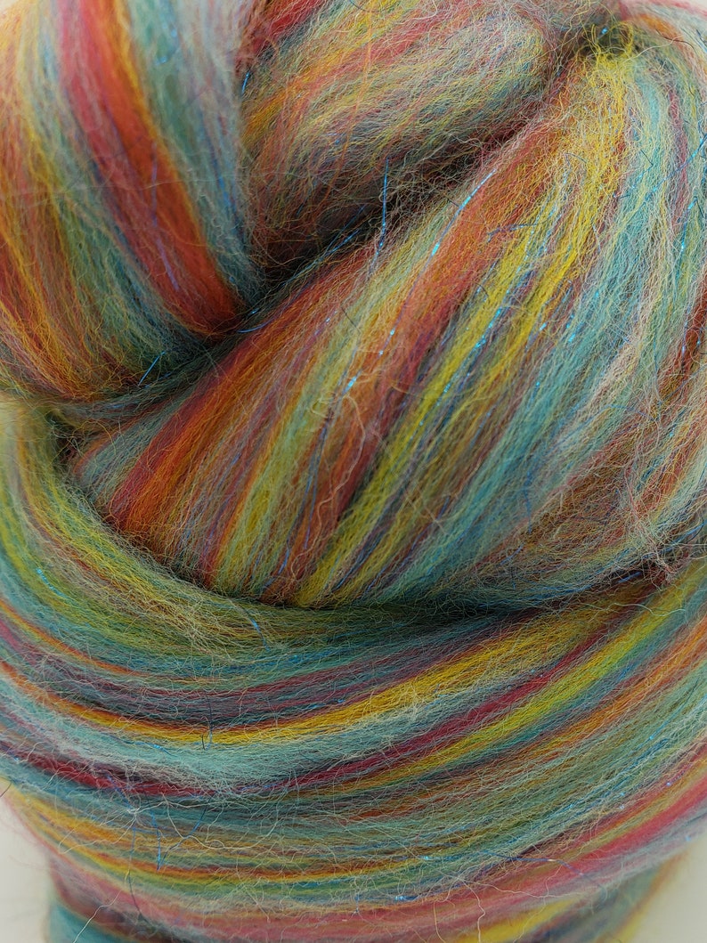 Over the Rainbow, 23 micron merino, 4 oz braid, combed top, roving, spinning fiber, angelina sparkle image 4