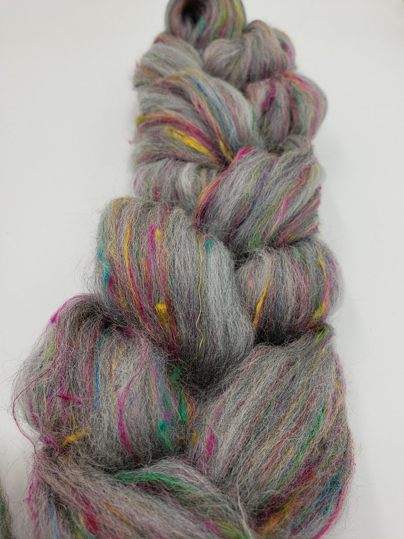 roving spinning fiber 4 oz braid Twisted Spinners combed top grey merino and sari silk blend