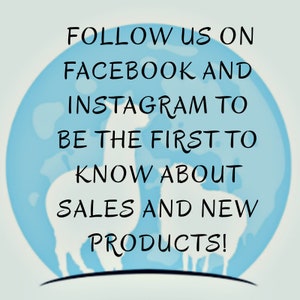 K&ouml;nnte beinhalten: Eine blaue und wei&szlig;e Illustration eines Globus mit dem Text "FOLLOW US ON FACEBOOK AND INSTAGRAM TO BE THE FIRST TO KNOW ABOUT SALES AND NEW PRODUCTS!"