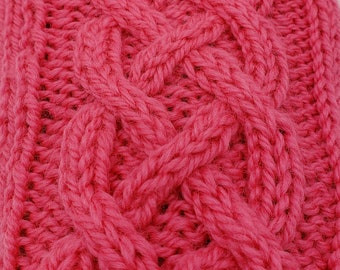 Pink cabled winter mitts, hand knit, wool  yarn, fingerless gloves, hand warmers, wrist warmers