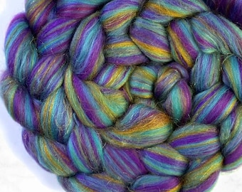 Ametrine, merino stellina blend, 4 oz braid, combed top, roving, spinning or felting fiber, sparkle