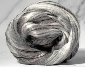 Black Marble, merino silk, 4 oz braid, combed top, roving, spinning fiber, custom blend