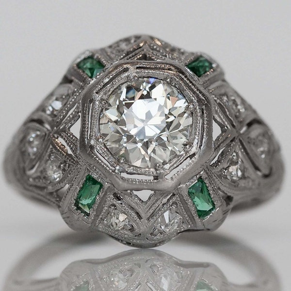 Circa 1920 - Platinum Art Deco Old European Cut Diamond & Emerald Engagement Ring - VEG#485