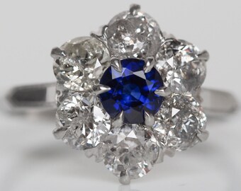 Circa 1900 - Platinum Art Deco Sapphire & Old European Diamond Engagement Ring - VEG#496