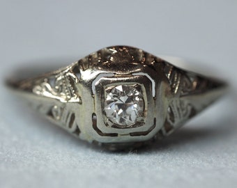 Antique 14K White Gold Engagement Ring w/ Old European Cut Diamond .10ct VEG #69