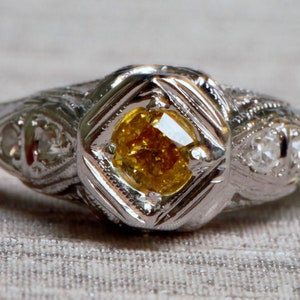 Antique Art Deco White Gold *GIA CERTIFIED* Fancy Intense Orangey Yellow Diamond Engagement Ring  VEG #109