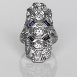 Circa 1930 - Platinum Art Deco Shield Ring with Old European Cut Diamonds & Sapphires - 1.20cttw - VEG#396