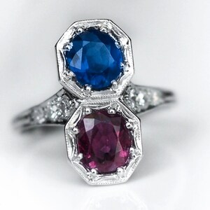 Royal Design 1920s Platinum Art Deco Dual Head Ruby, Sapphire & Diamond Side Stone Engagement Ring with Filigree Work, ATL #259