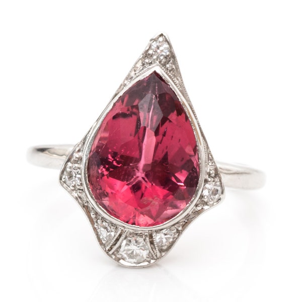 Circa 1920s Art Deco 3cttw Tourmaline and Diamond Antique Cocktail Ring, Platinum Crafted, ATL #113