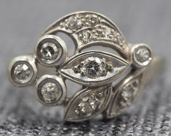 Antique Art Deco 14K White Gold & Old Cut Diamond Cocktail Ring VEG #29