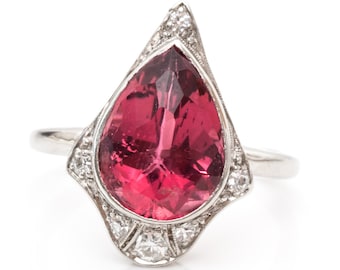 Circa 1920s Art Deco 3cttw Tourmaline and Diamond Antique Cocktail Ring, Platinum Crafted, ATL #113