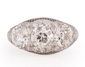 Circa 1920 Art Deco Platinum GIA 3 Stone Old European Brilliant Diamond Filigree Engagement Ring - VEG#1988