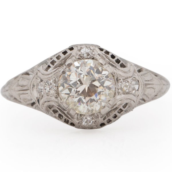 Circa 1920 Art Deco Platinum GIA Certified .85 Carat Art Deco Diamond Platinum Engagement Ring - VEG#1860