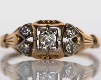 Circa 1930s Art Deco 14K Yellow Gold and White Gold .05ct Old European Cut Diamond Engagement Ring - VEG#707