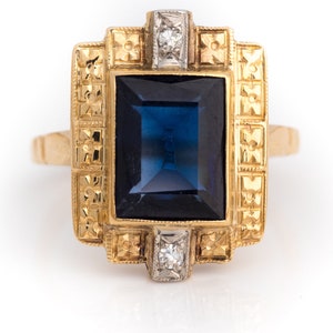 Circa 1920s Traditional Art Deco 2-Tone Ring ft. Synthetic Sapphire with Accent Diamonds & Quion-Like Pattern, ATL #526