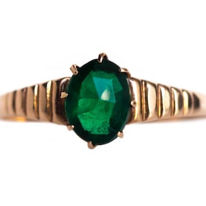 Circa 1880s Victorian 9K Yellow Gold Green Stone Glass Engagement Ring - VEG#686