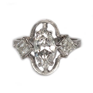 Circa 1930 Art Deco Platinum GIA Certified 1.40ct Marquise Brilliant and .84cttw Carre Cut Diamond Engagement Ring-VEG#1310