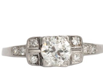 Circa 1920 Art Deco Platinum .52ct Old European Brilliant and .10cttw Antique Single Cut Diamond Engagement Ring-VEG#1373