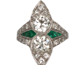 Circa 1920 Art Deco Platinum Old European and Emerald Diamond Engagement Ring-VEG#1372