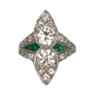 Circa 1920 Art Deco Platinum Old European and Emerald Diamond Engagement Ring-VEG#1372