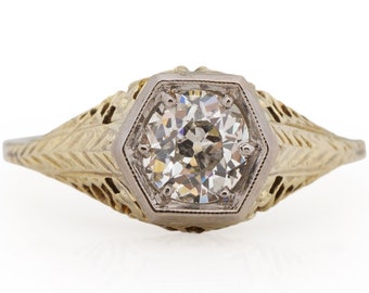 Circa 1920 Art Deco 14k Yellow Gold GIA Certified .82ct Old Mine Brilliant Diamond Engagement Ring - VEG#1927