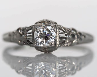 Circa 1940s Late Art Deco 14K White Gold .28ct Old European Cut Diamond Engagement Ring - VEG#742